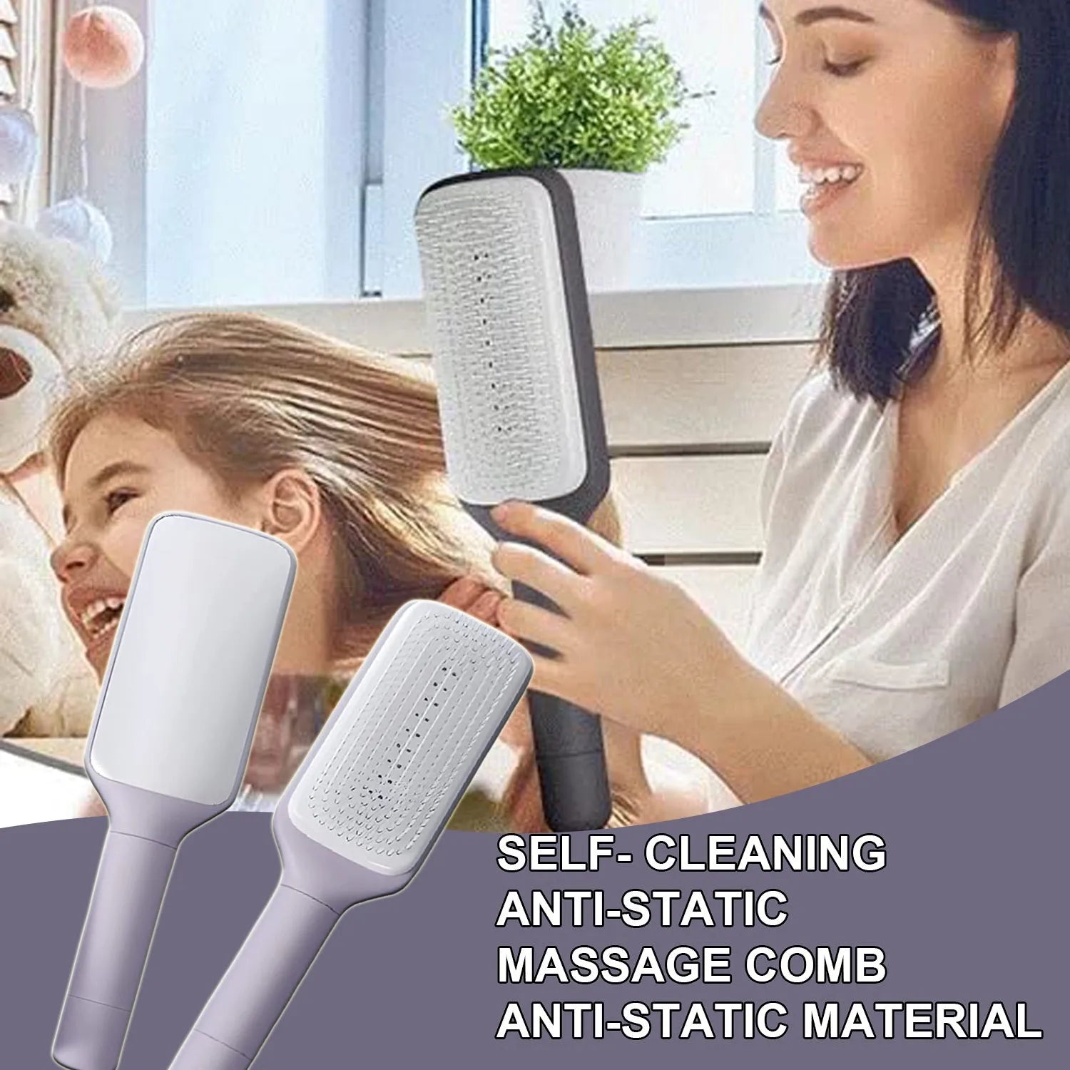 Purple self-cleaning hair brush with rotating handle and anti-static massage comb teeth