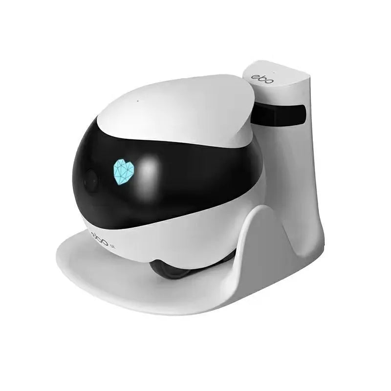 Compact white smart home surveillance robot camera with automatic docking station