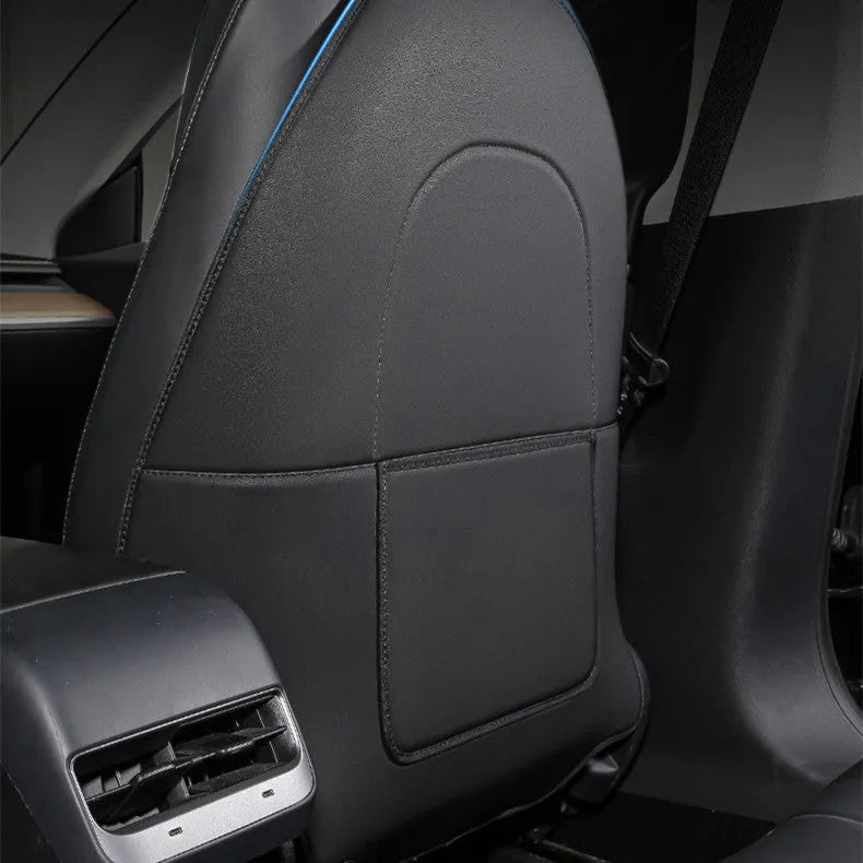 Pair of black leather car seat kick pads showing single pocket and full 68cm by 42cm coverage