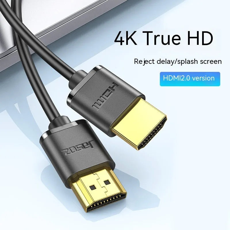 Black flexible HDMI cable with gold-plated connectors, shown at various lengths for computer and monitor use.