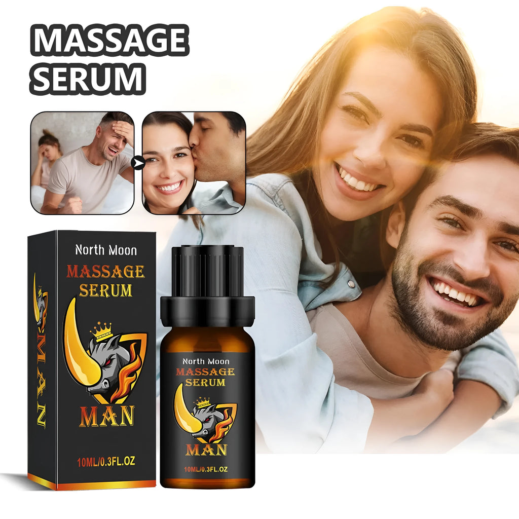 10ml glass bottle of men's massage essential oil with dropper, labelled with ingredients.