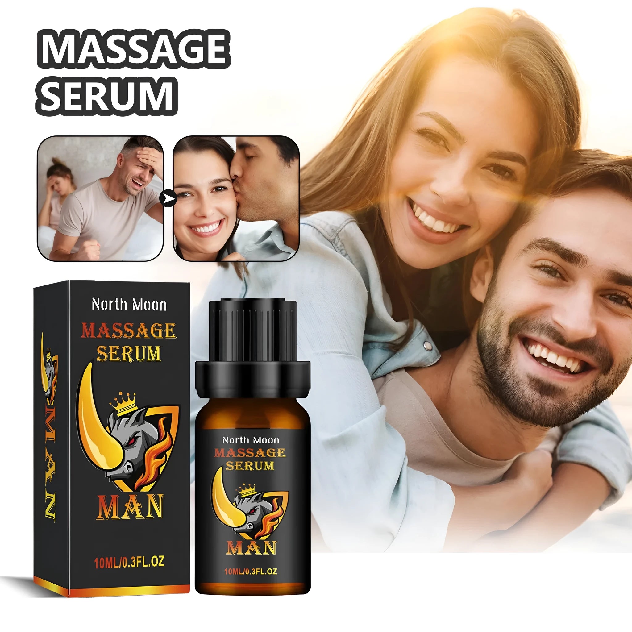 10ml glass bottle of men's massage essential oil with dropper, labelled with ingredients.
