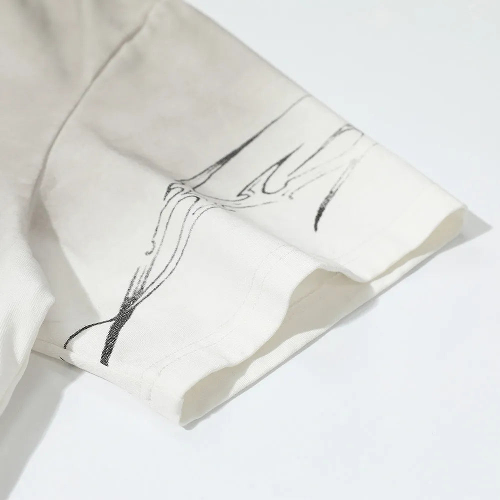Men's black and white pure cotton short-sleeve printed t-shirt on a hanger.