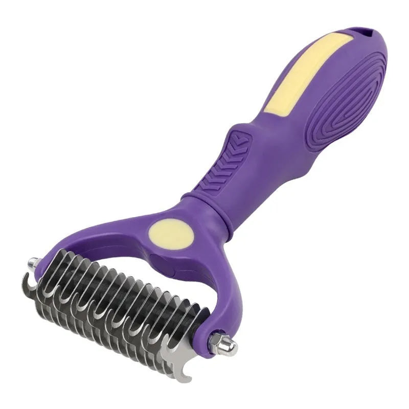 Purple double-sided plastic pet comb for removing knots from cat and dog fur