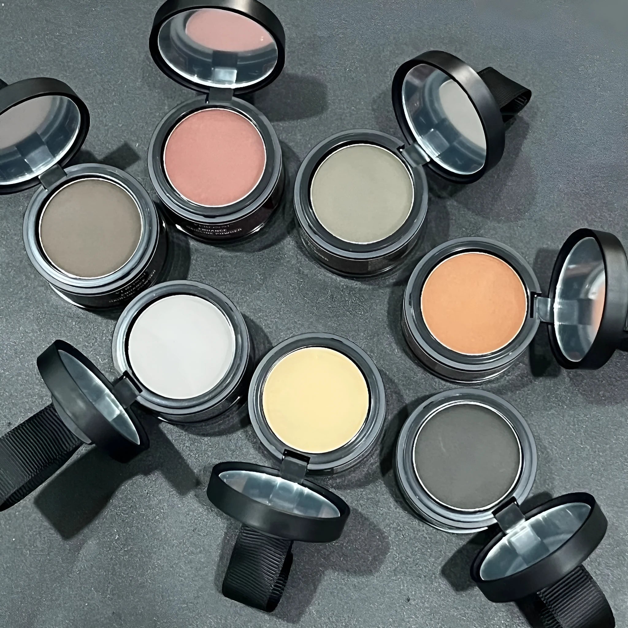 Hairline powder container with colour shade options for shadow repair and hairline coverage