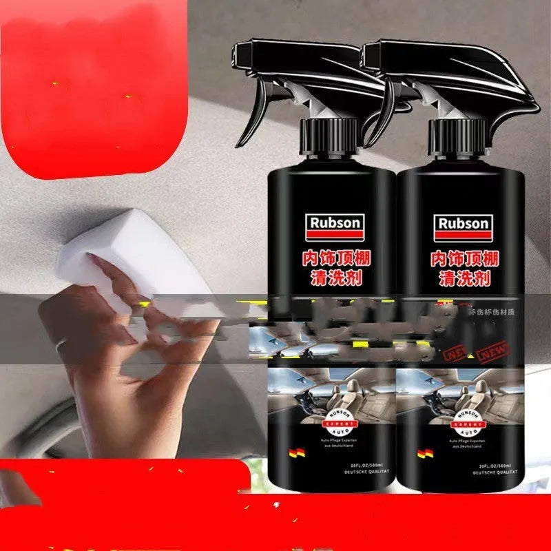 Bottle of foam decontamination cleaner for fabric roofs with a towel and sponge wipes.
