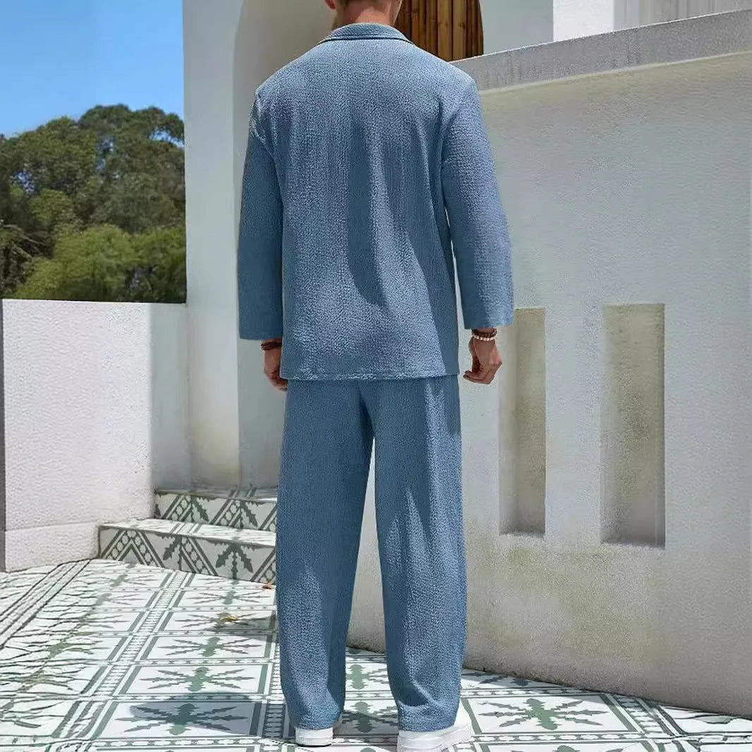 Men's casual shirt trousers suit in polyester fabric available in four colours