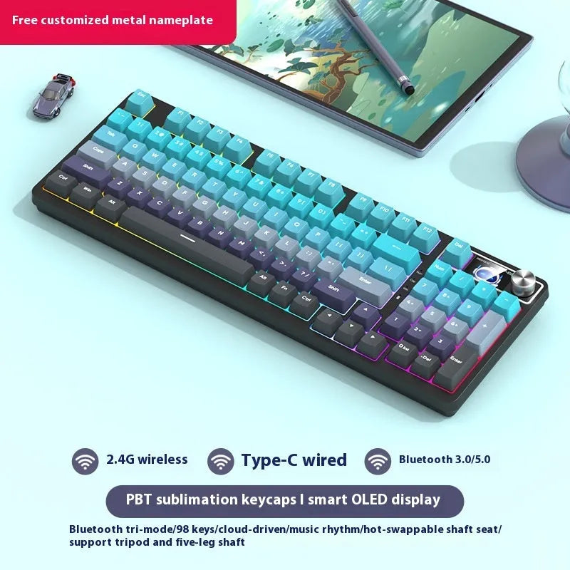 98 key wireless Bluetooth mechanical keyboard kit with metal knob and multiple colour options