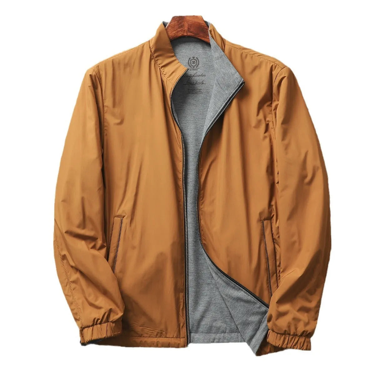 Men's stand collar casual jacket in Army Green, shown with a simple design for daily wear.
