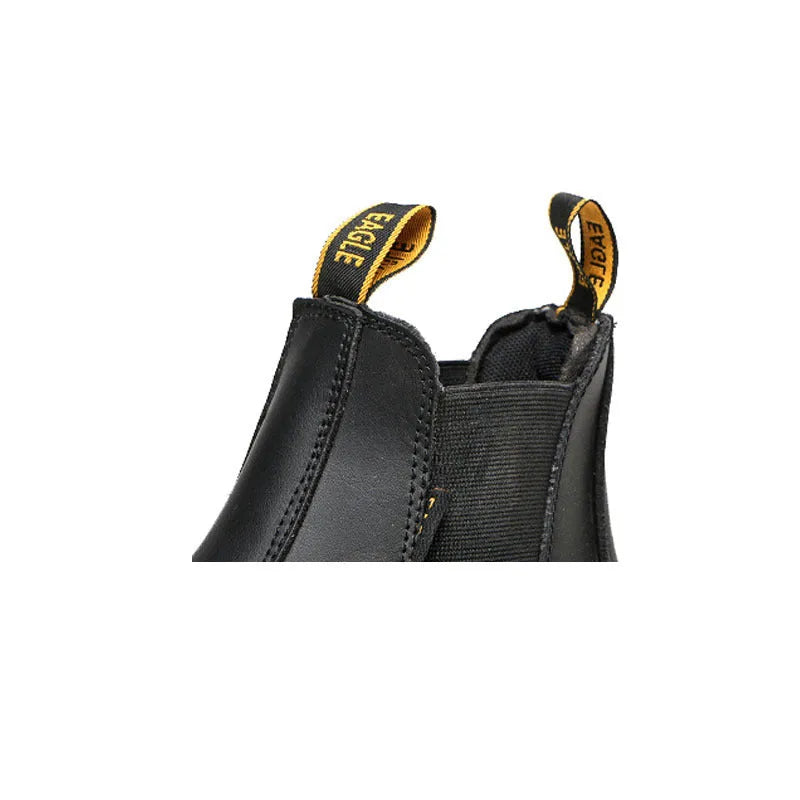 Black leather safety work boots with high-top design and anti-piercing soles