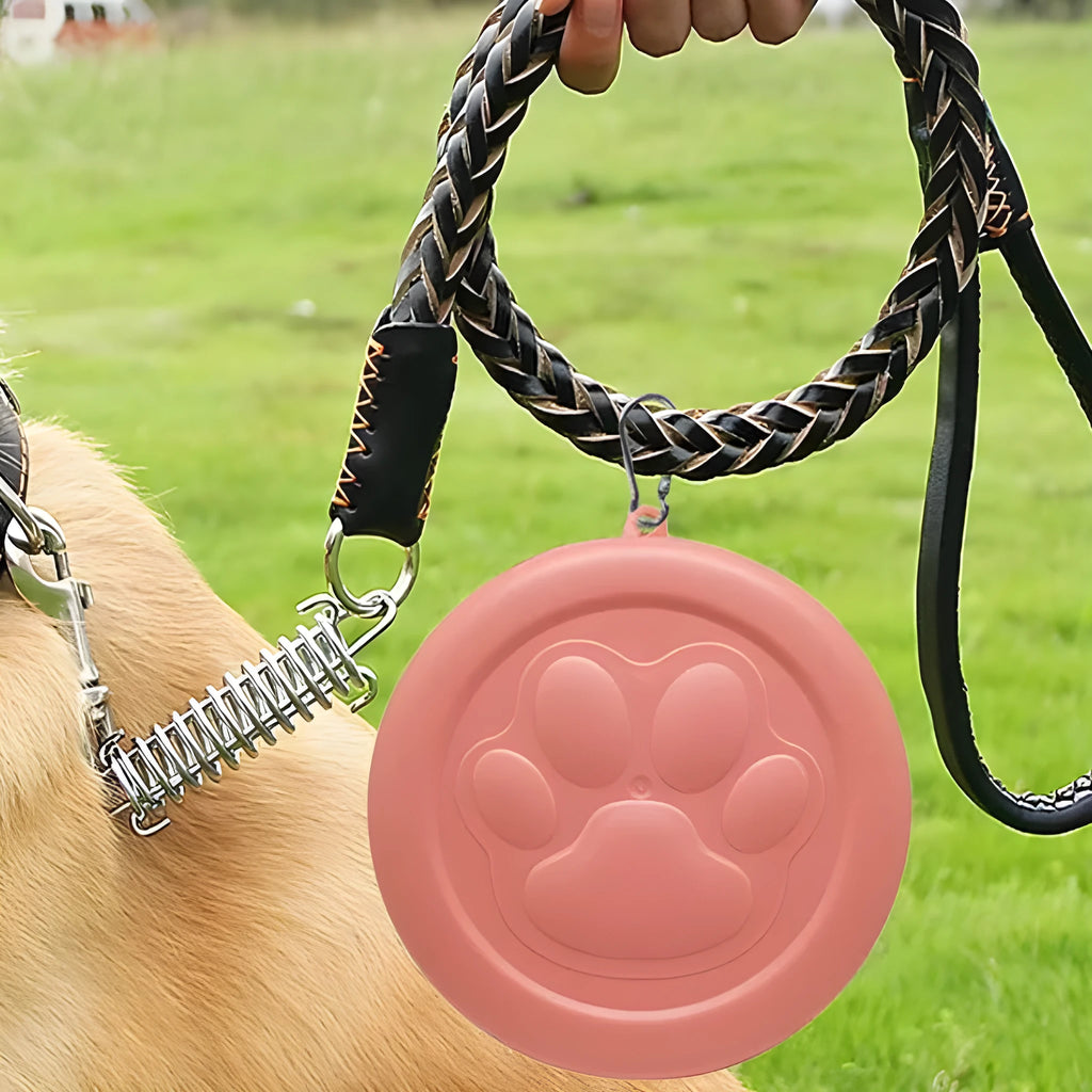 Portable plastic dog food bowl with separate snack compartment in light pink colour.