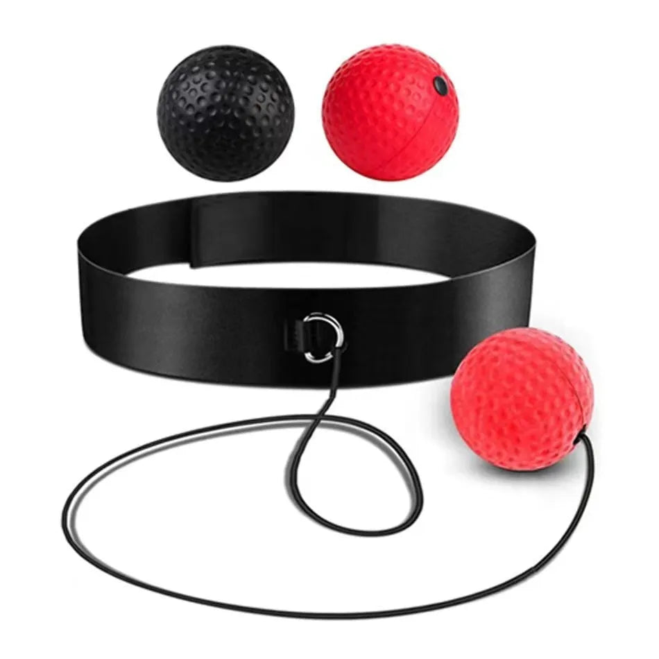 Head-mounted boxing reaction training ball set showing adjustable headbands and red, yellow, and green PU balls.