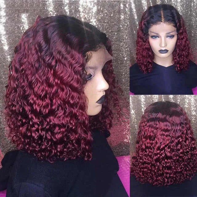 Burgundy gradient real human hair lace front short bob wig with slanted bangs