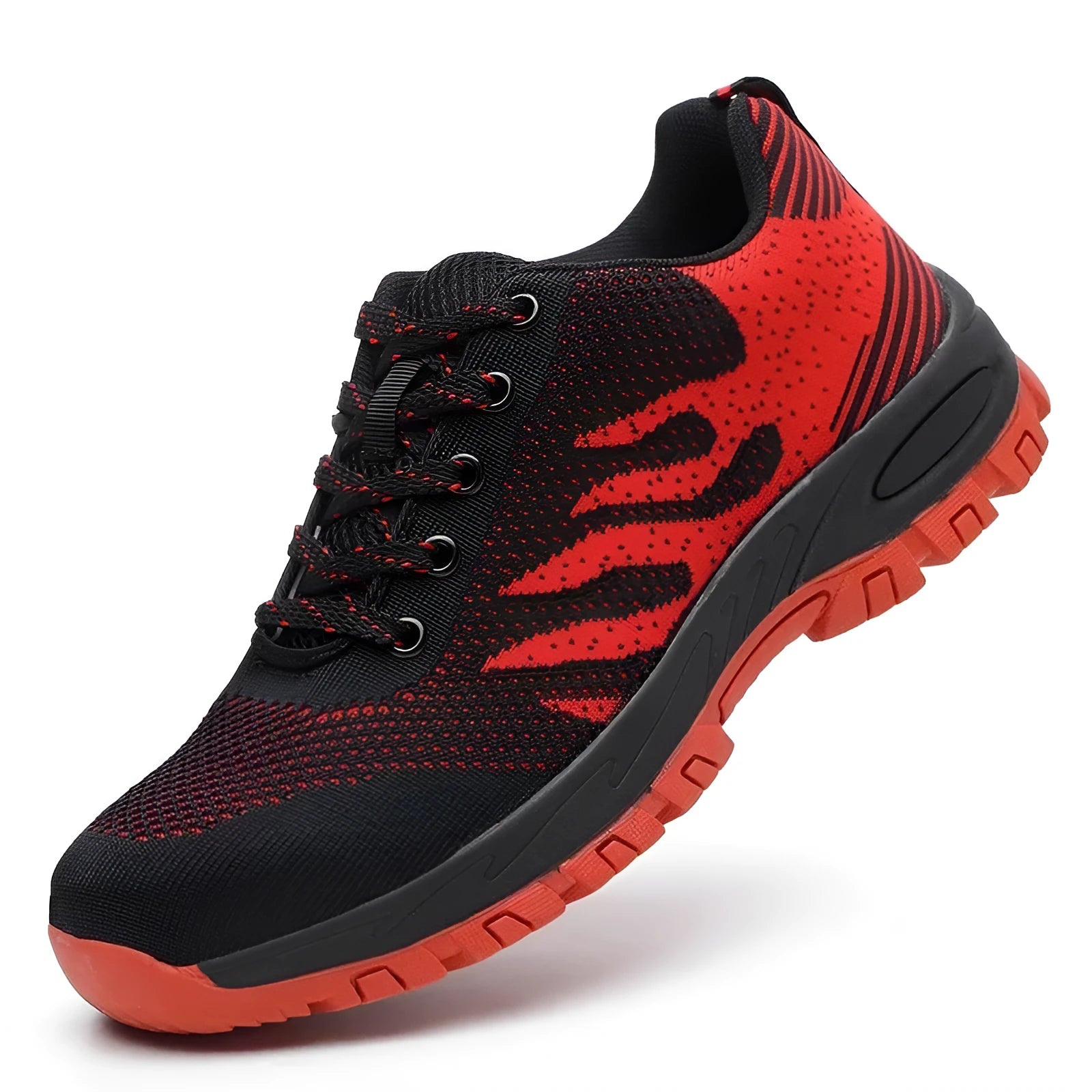 Red summer safety shoes with steel toecap and breathable mesh upper on a non-slip sole.