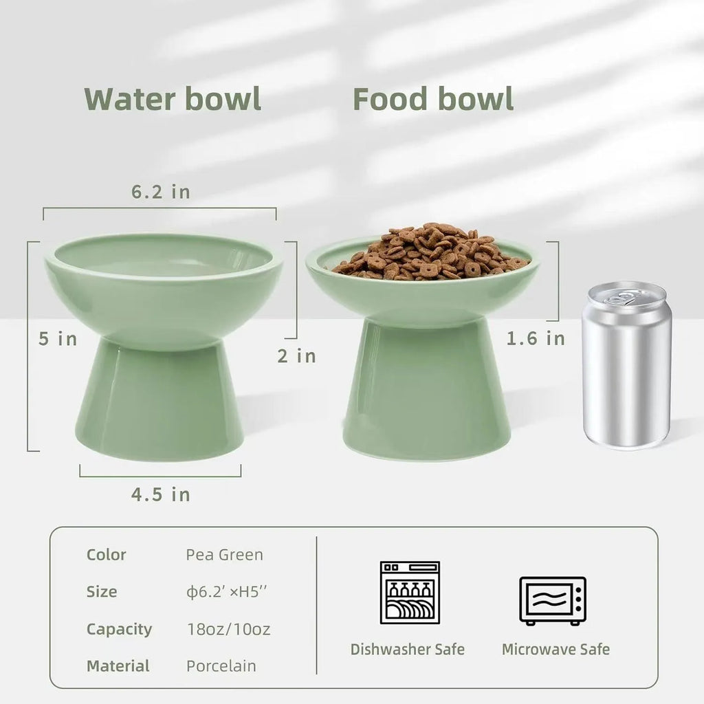 White ceramic elevated cat bowl with wide shallow dish on wooden floor
