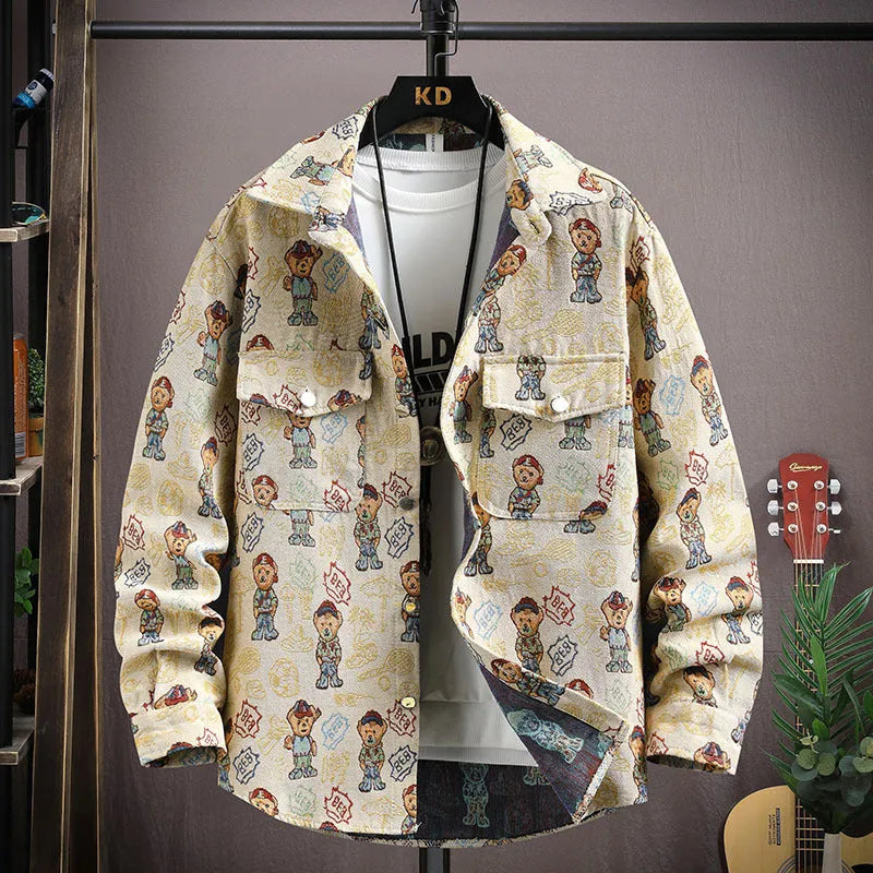 Men's casual lapel shirt coat in polyester with straight hem and long sleeves for spring and autumn wear