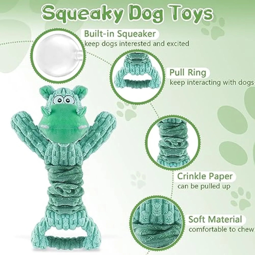 Large blue plush squeaky dog toy with handle for tug of war games
