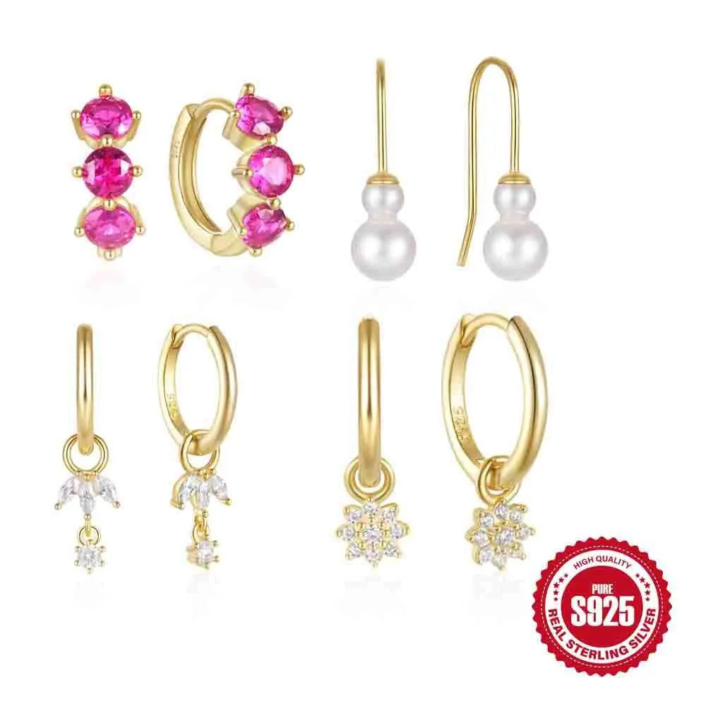 Sterling silver earrings with geometric sunflower design and inlaid zircon stones in golden colour