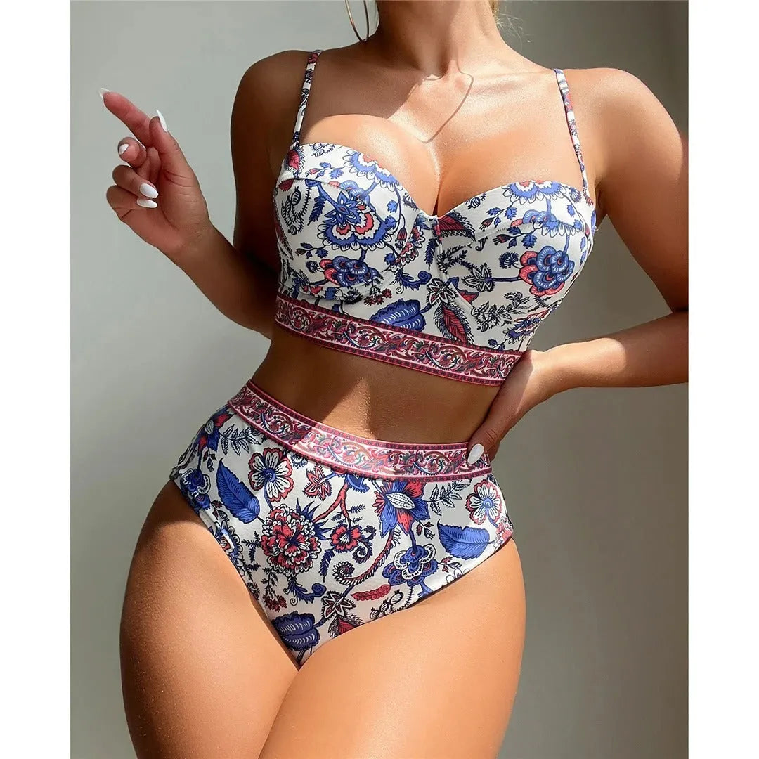 Blue women's high waist push-up bikini swimsuit on mannequin