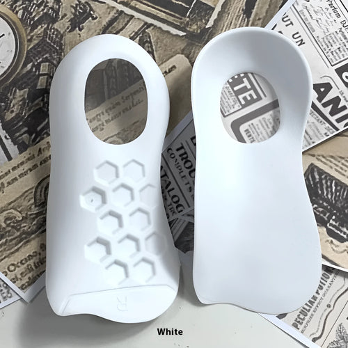 TPR arch support insoles for varus foot correction in white, black, and skin colour.