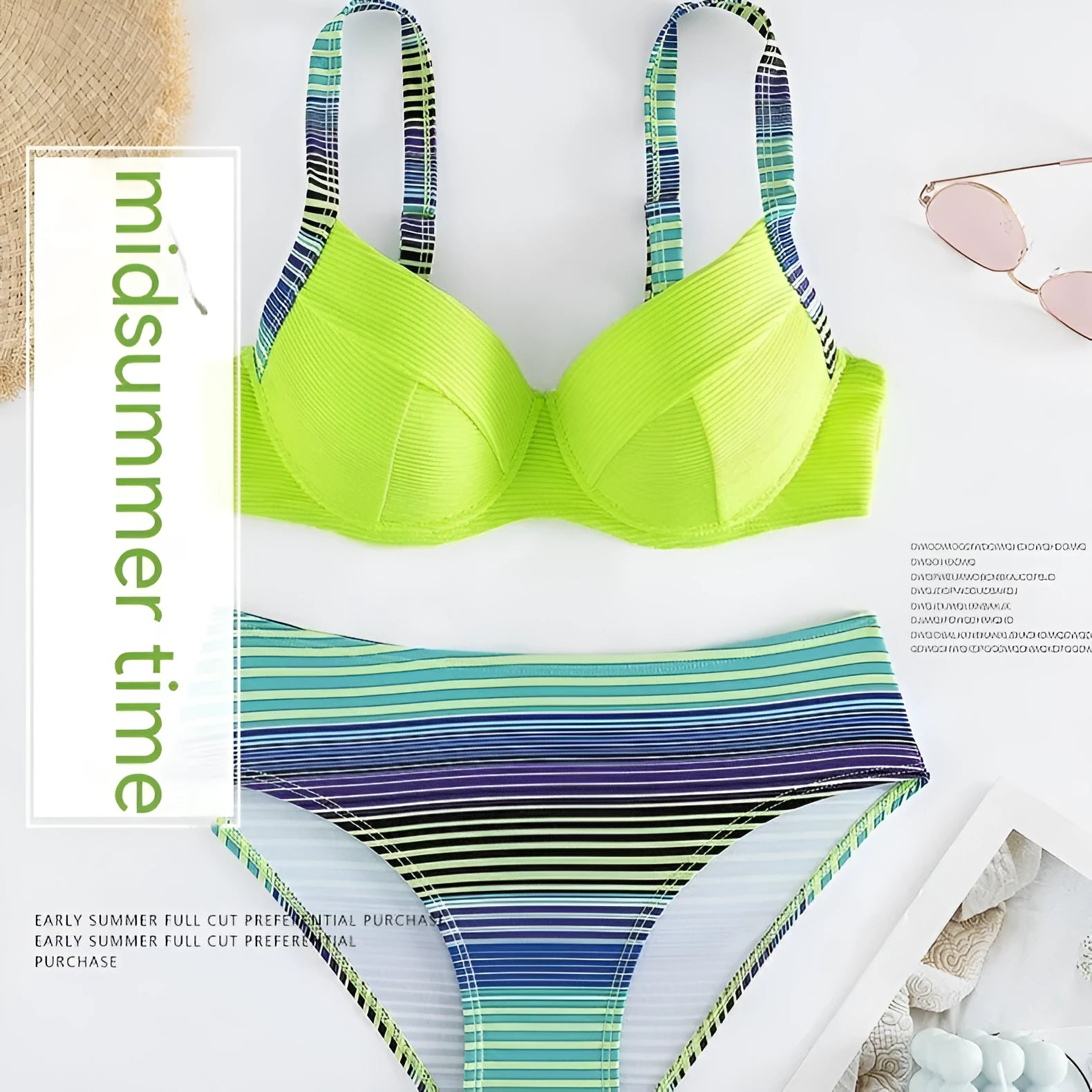 Green printed women's halter bikini set with split briefs on white background