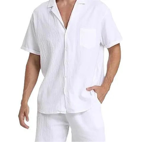 Men's flax linen short-sleeved top and matching shorts suit laid flat, shown in army green colour.