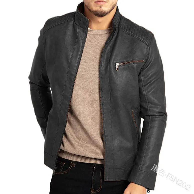 Men's brown punk motorcycle leather jacket with stand collar and patch pockets