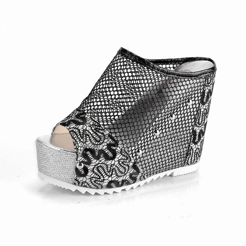Korean platform flip-flops with a hollowed-out heel, chunky sole, and mesh lace-up upper in black colour.