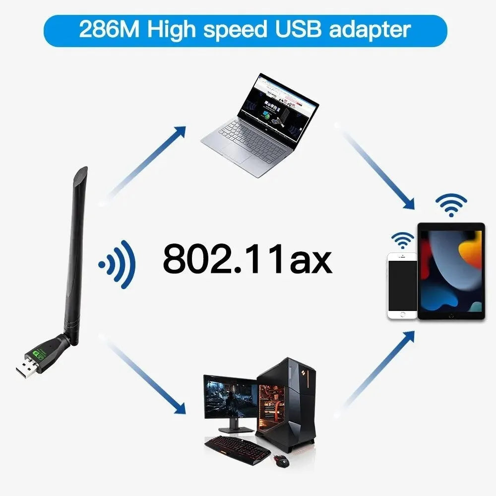 Black USB WiFi6 wireless network card adapter with instruction manual