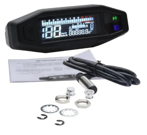 Black motorcycle mini speedometer with LCD display showing speed and oil gauge readings