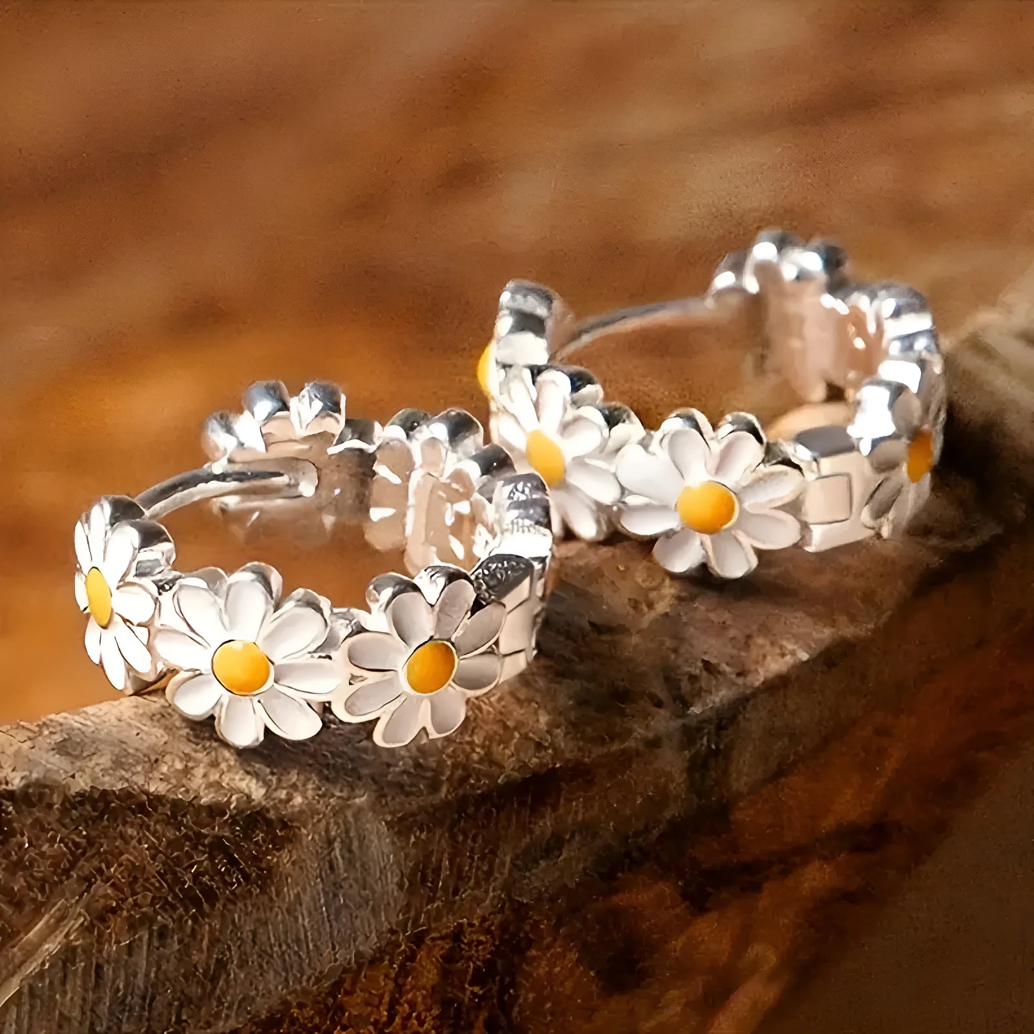 White daisy flower ring earrings with electroplated copper and platinum/kplatinum inlaid gemstones