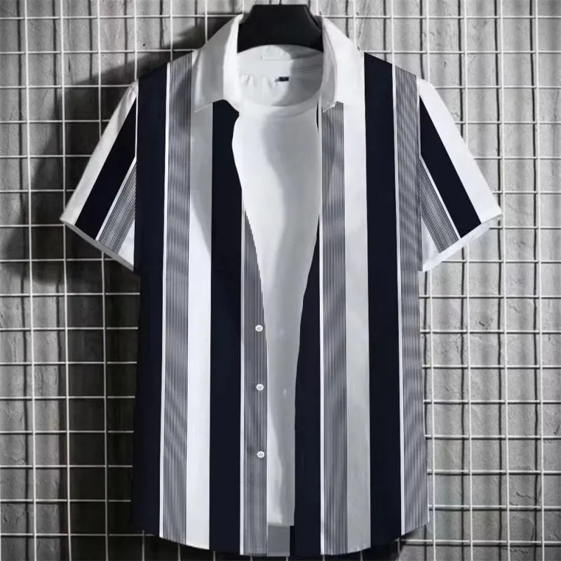 Man wearing a linen short-sleeve t-shirt with a raised 3D striped print on the chest.