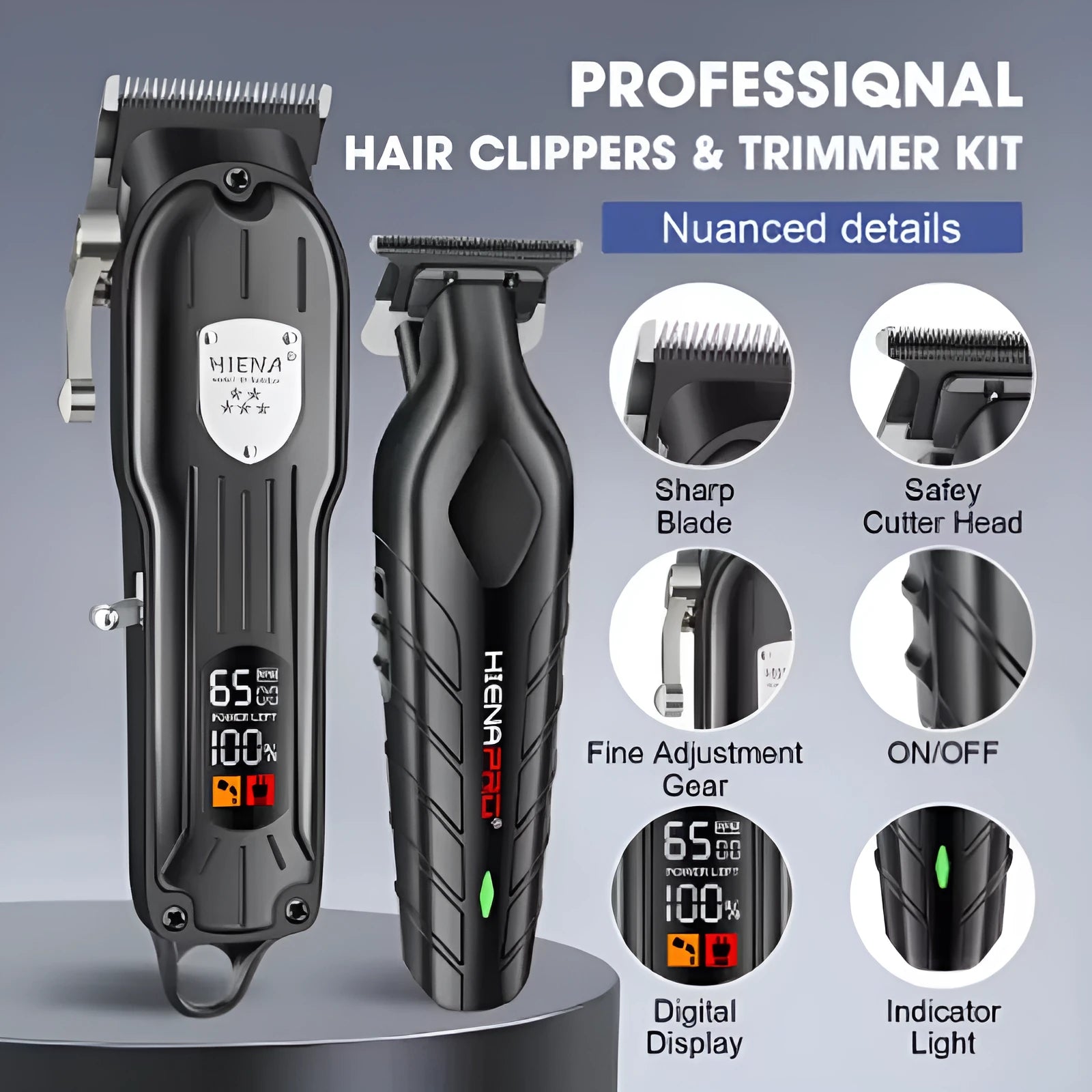 Black professional hair clipper set with LCD display and aluminium foil shaver