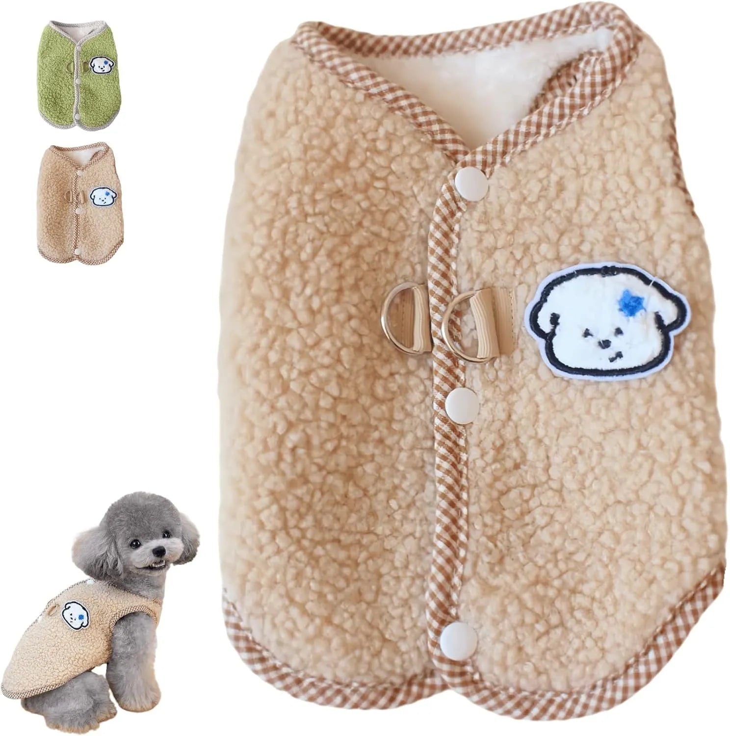 Green coral fleece dog vest with leash ring on small dog during autumn