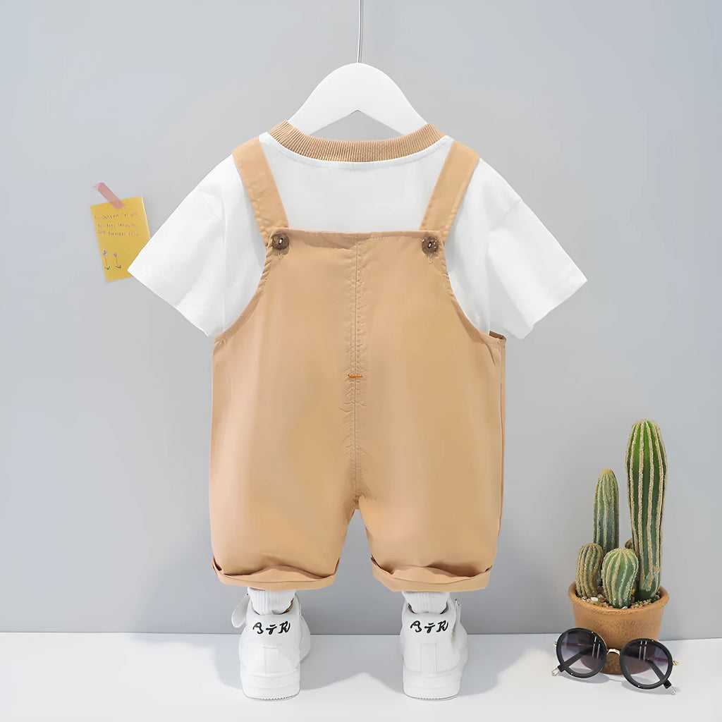 Baby short-sleeved cotton overalls in khaki with cartoon print and adjustable straps