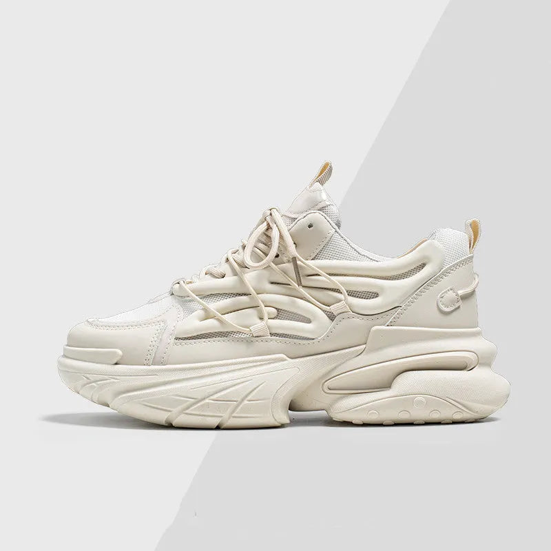 Men's beige low-top lace-up sneaker with mesh upper and platform rubber sole