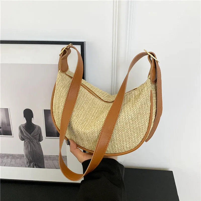 Women's portable knitted straw woven crossbody bag with single strap in corrugated black texture