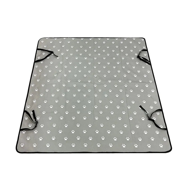 Car pet mat covering rear seat with water resistant cloth material in choice of colours and paw print designs