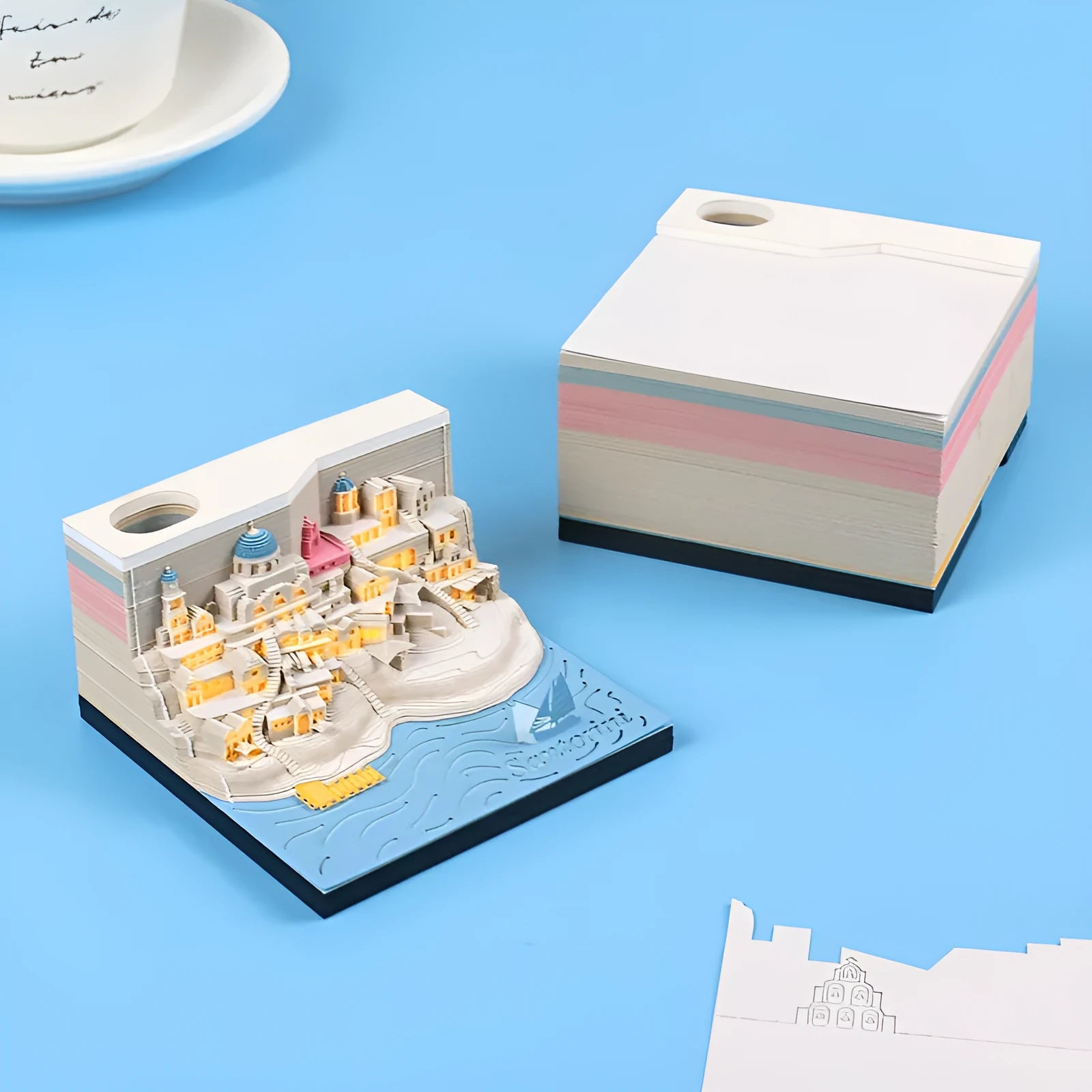 Romantic Santorini 3D notepad paper carving building model showing beach scene cover design