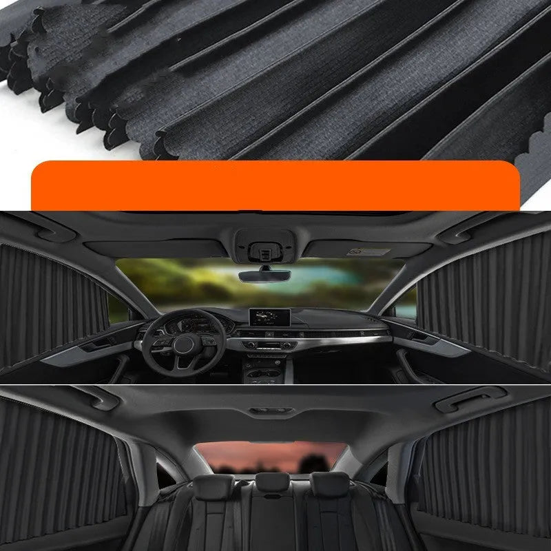 Auto-retractable roller shutter car sunshade curtain in thick opaque cloth.