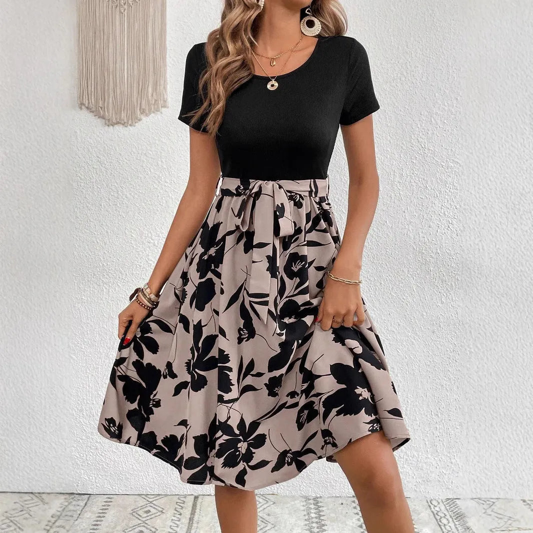 Women's floral print A-line dress with lace-up detail and shoulder straps in khaki colour