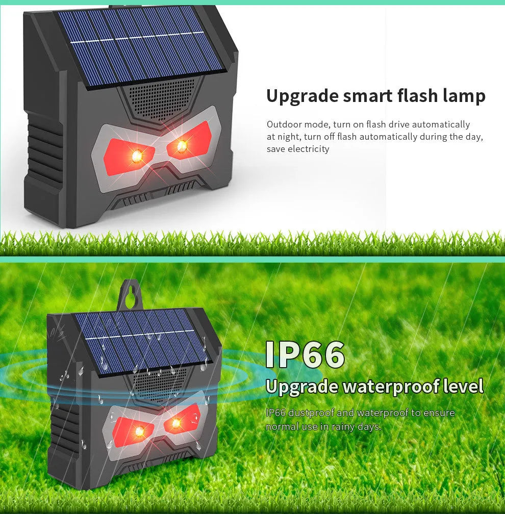 Black outdoor solar ultrasonic animal repeller with animal-themed design