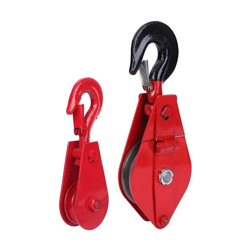 Red industrial lifting pulley with forged steel hook and safety latch for general material handling