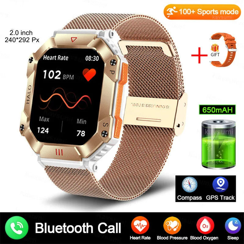 Android smart watch with titanium case on wrist, showing black camouflage strap option and display.