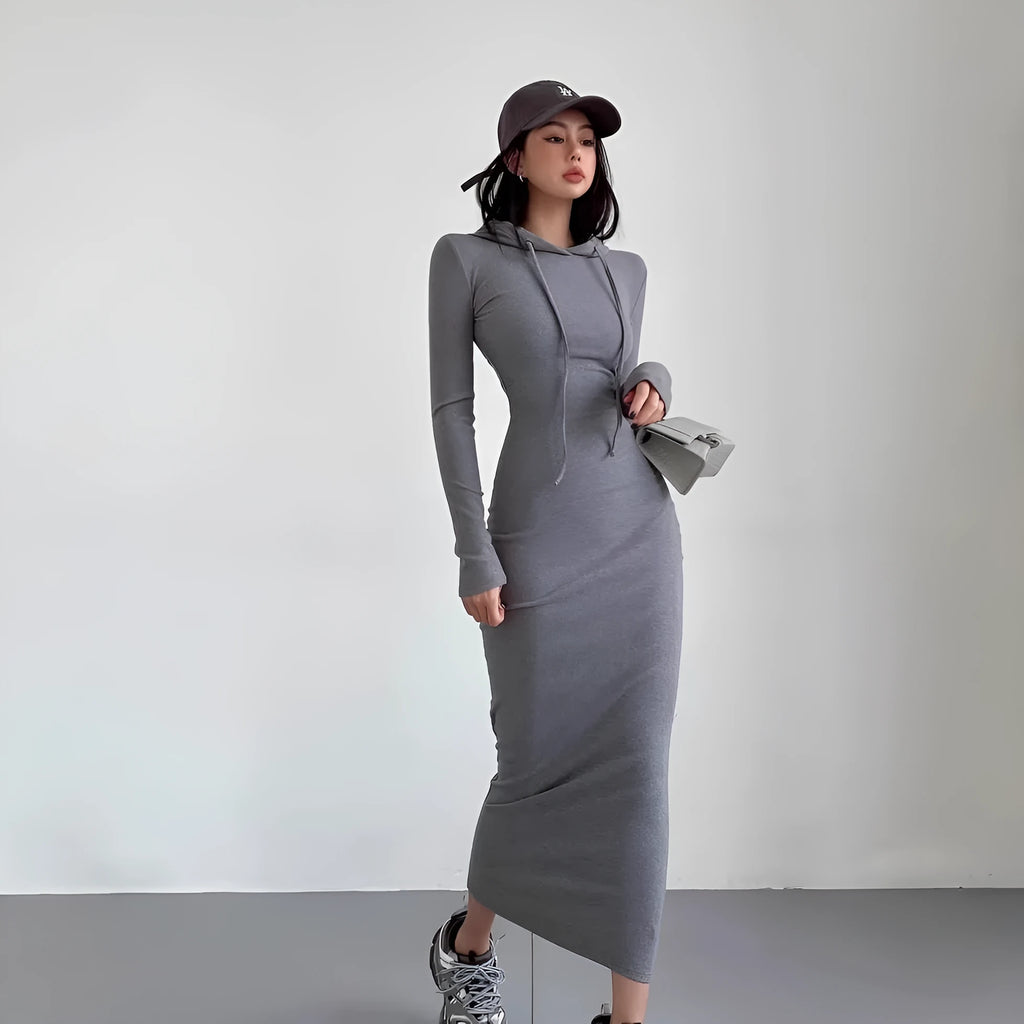 Women's grey hooded sheath dress with long sleeves and high waist