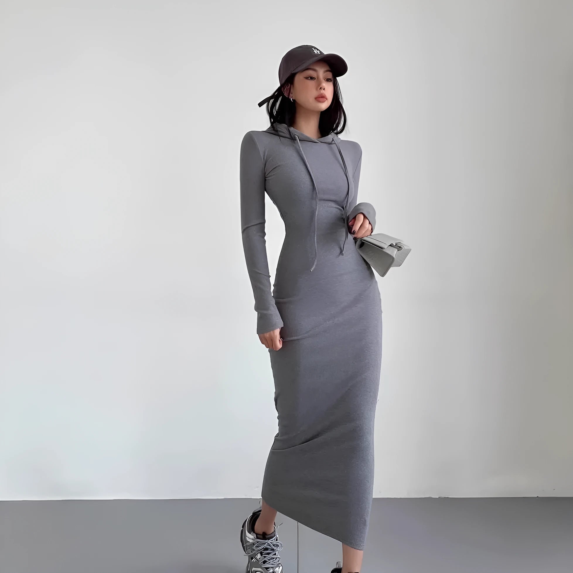 Women's grey hooded sheath dress with long sleeves and high waist