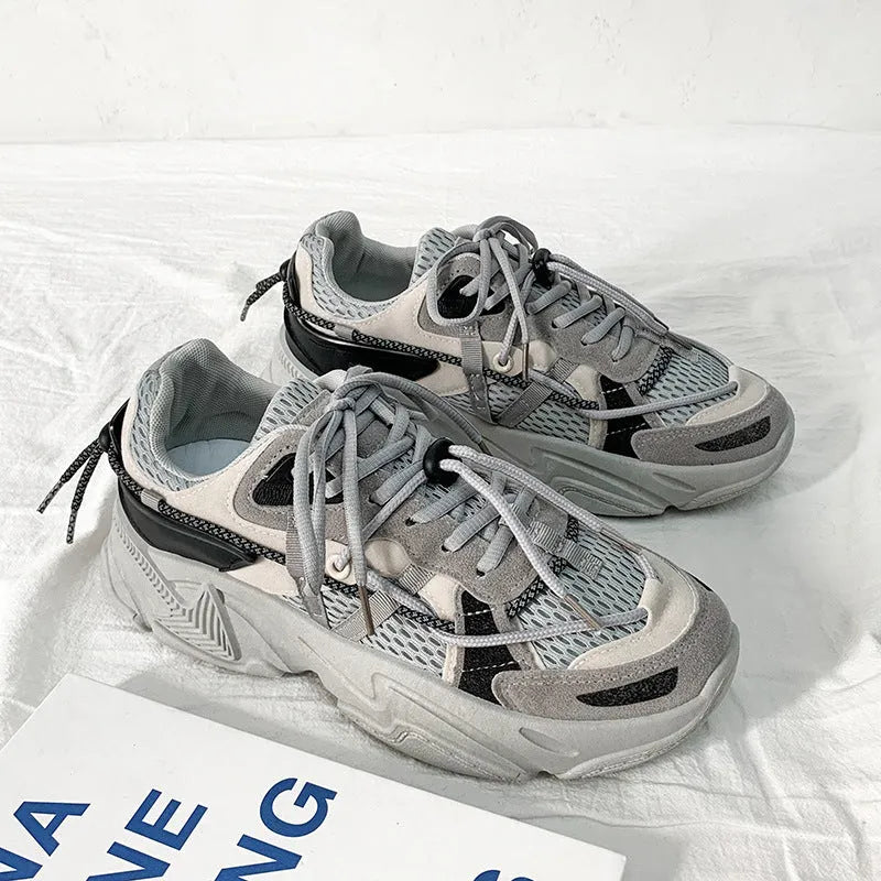 Men's Korean style platform dad shoes in three colours with lace-up front and mesh lining