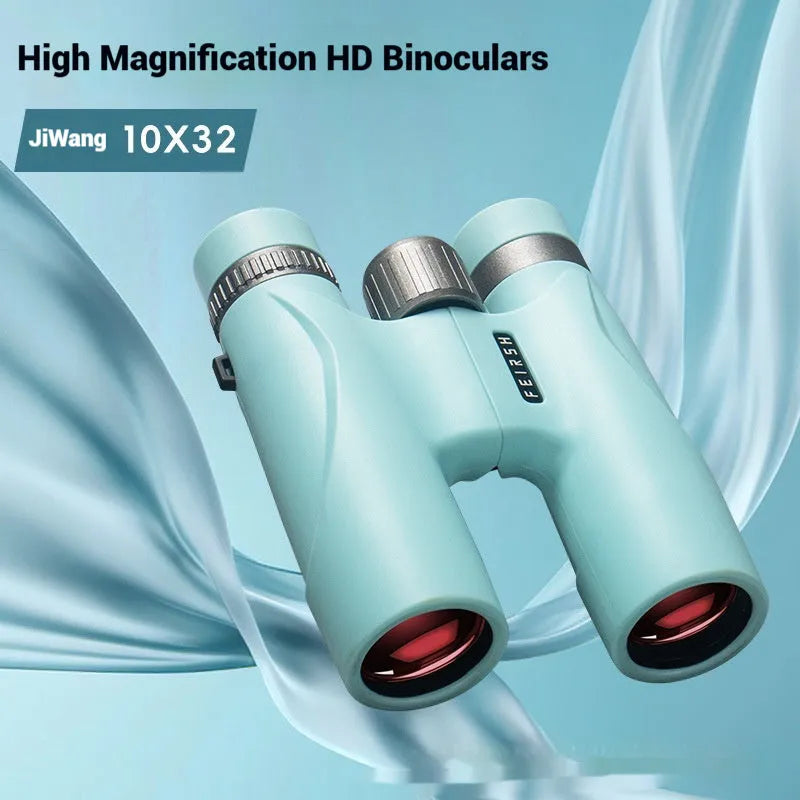 Blue and grey 10x32 compact binoculars with wine red film imaging on a table.