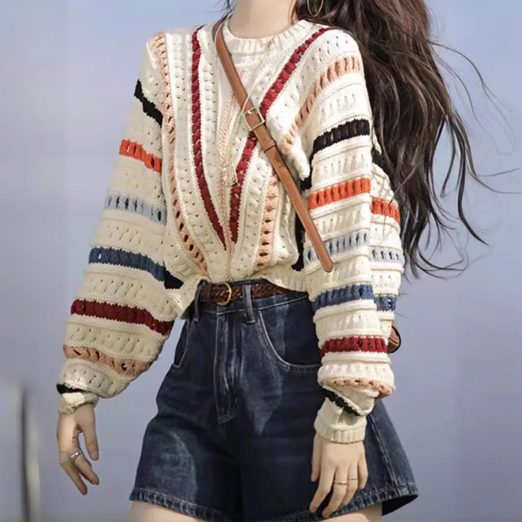 Women's rainbow striped hollow knit sweater with batwing sleeves and round neck in loose fit