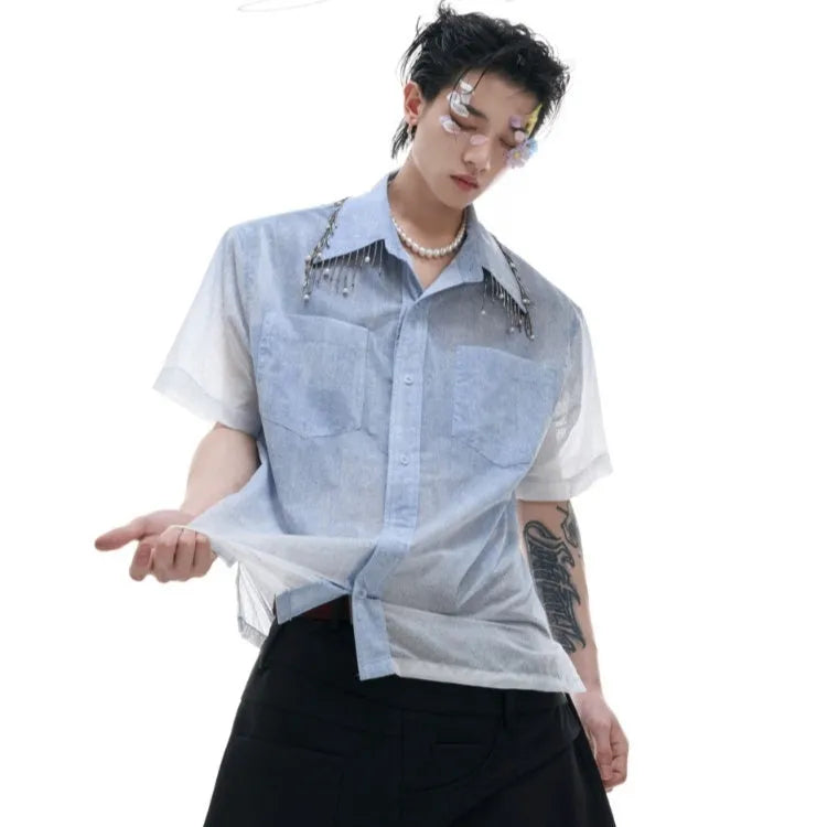Man's blue and white gradient loose-fit short sleeve casual shirt